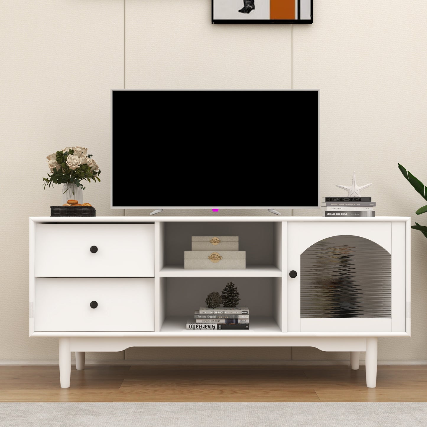 Living Room White TV Stand with Drawers and Open Shelves, A Cabinet with Glass Doors for Storage