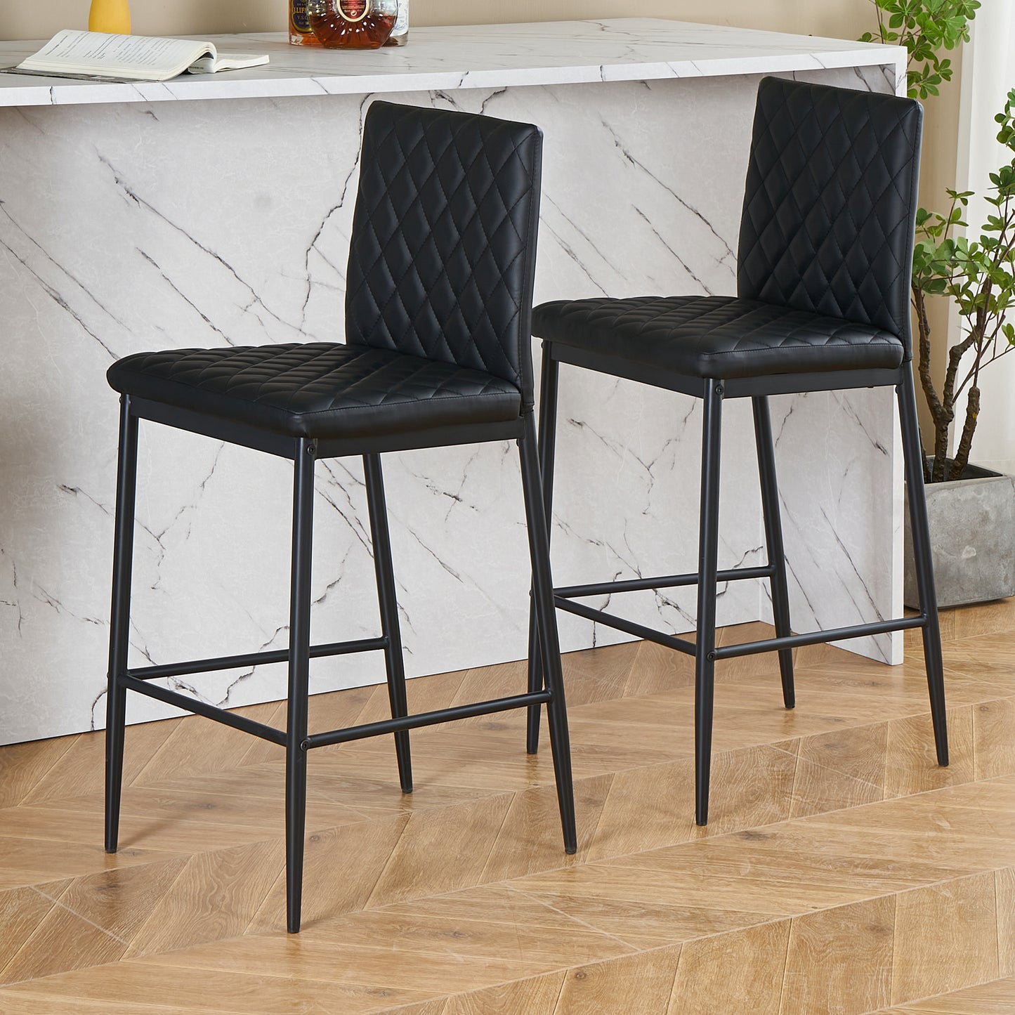 Stylish and luxurious diamond-shaped flannel design, high-quality black metal legs, stable and durable, versatile style suitable for bars, restaurants, bedroom bar chairs, (set of 2)