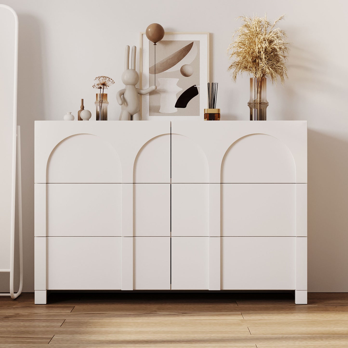 Modern Style Six-Drawer Dresser Sideboard Cabinet Ample Storage Spaces for Living Room, Children's Room, Adult Room, Half Gloss White