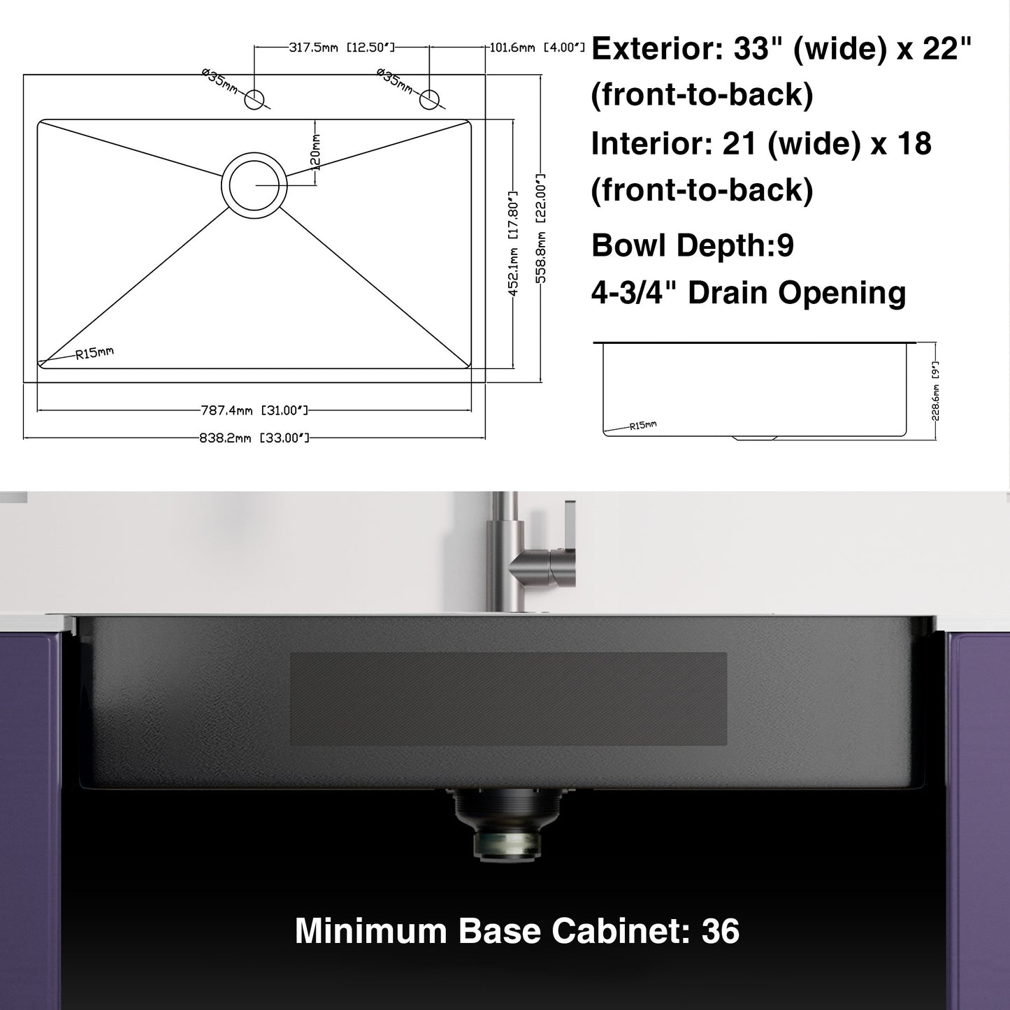 33Inch Topmount 18Gauge Stainless Steel kitchen Sink With  Black Spring Neck Faucet