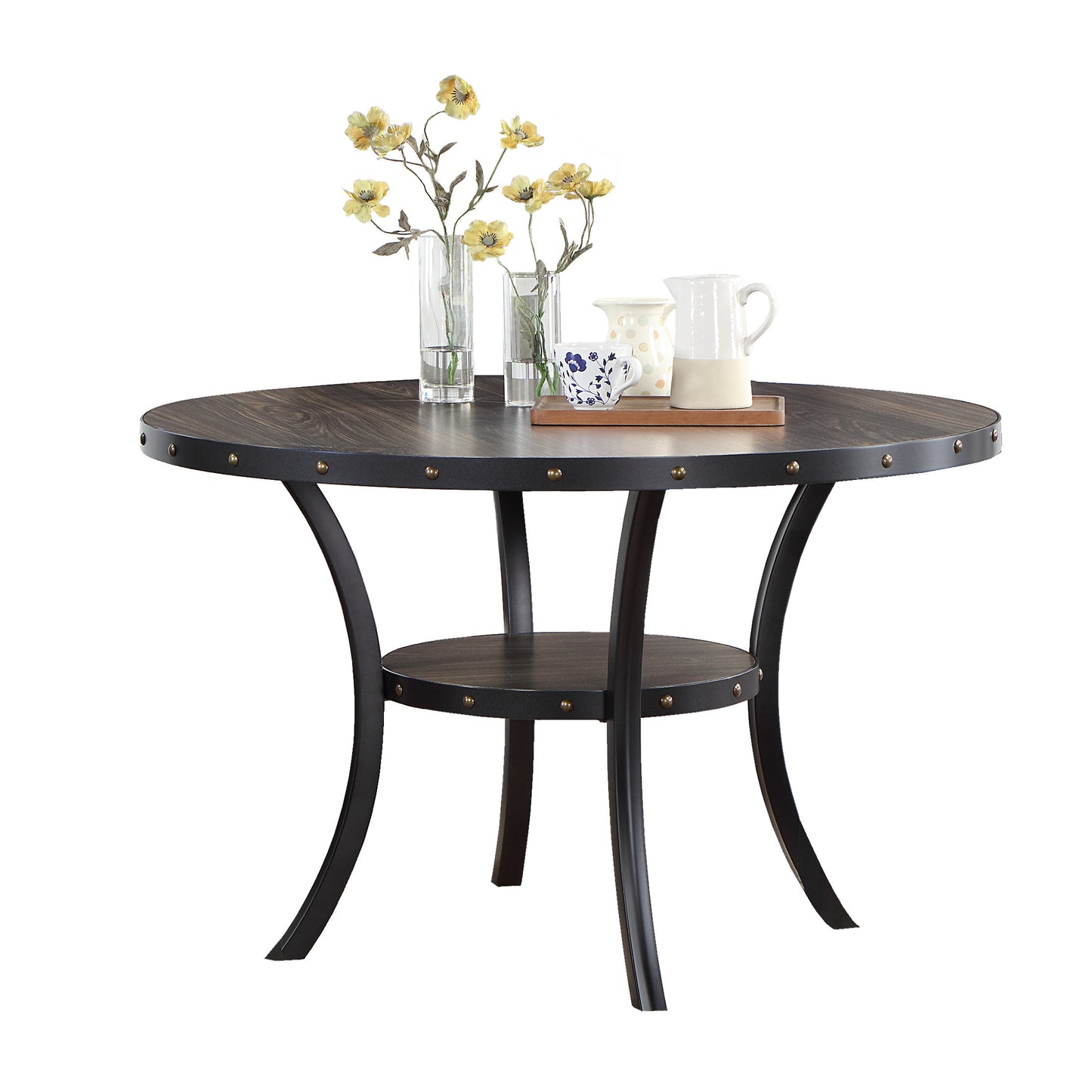 Dining Room Furniture Natural Wooden Round Dining Table 1pc Dining Table Only Nailheads and Storage Shelve