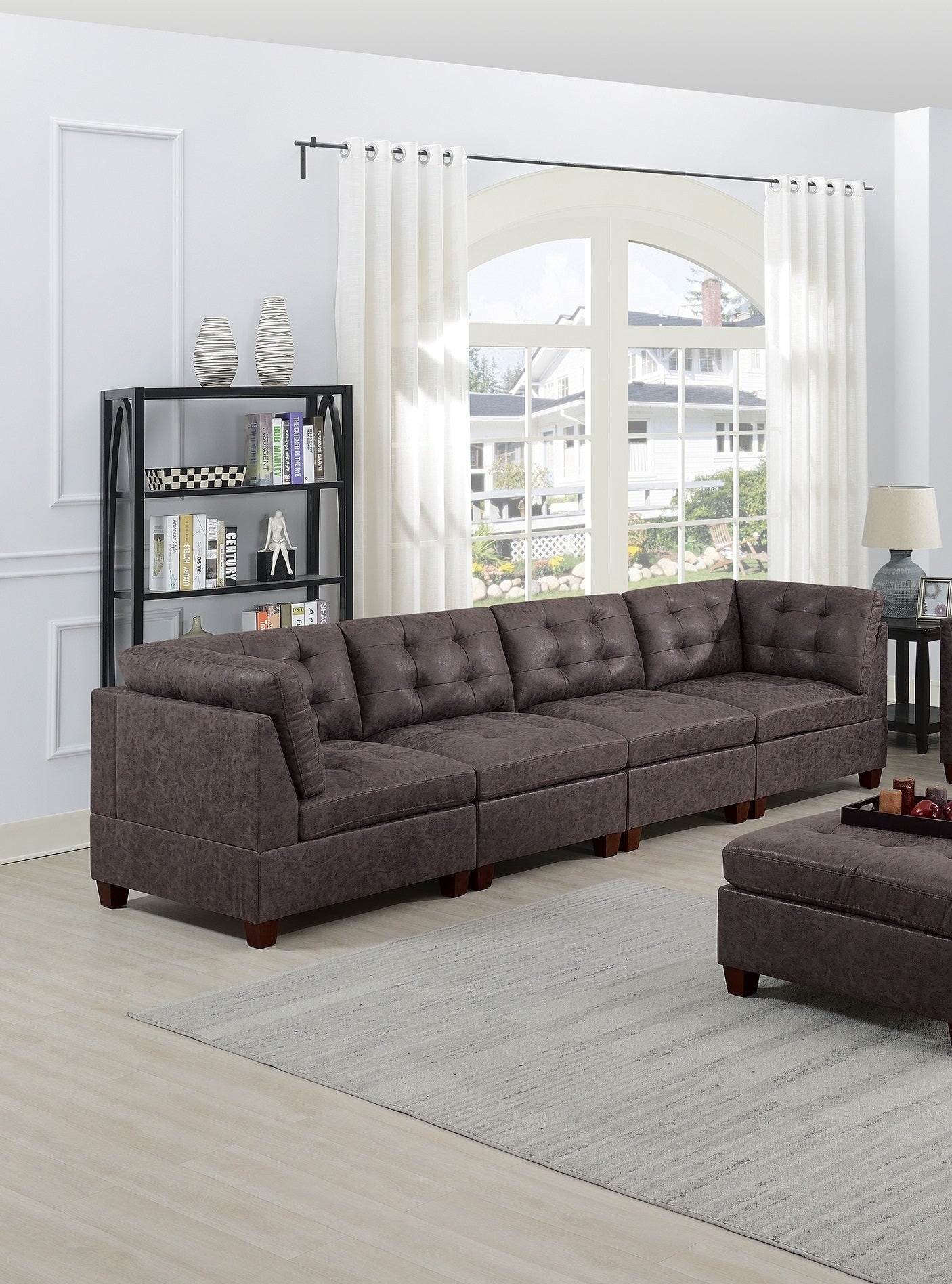 Living Room Furniture Dark Brown Modular Sofa Set 8pc Set Breathable Leatherette Tufted Couch 4x Corner Wedge 3x Armless Chairs and 1x Ottoman