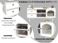 Living Room White TV Stand with Drawers and Open Shelves, A Cabinet with Glass Doors for Storage