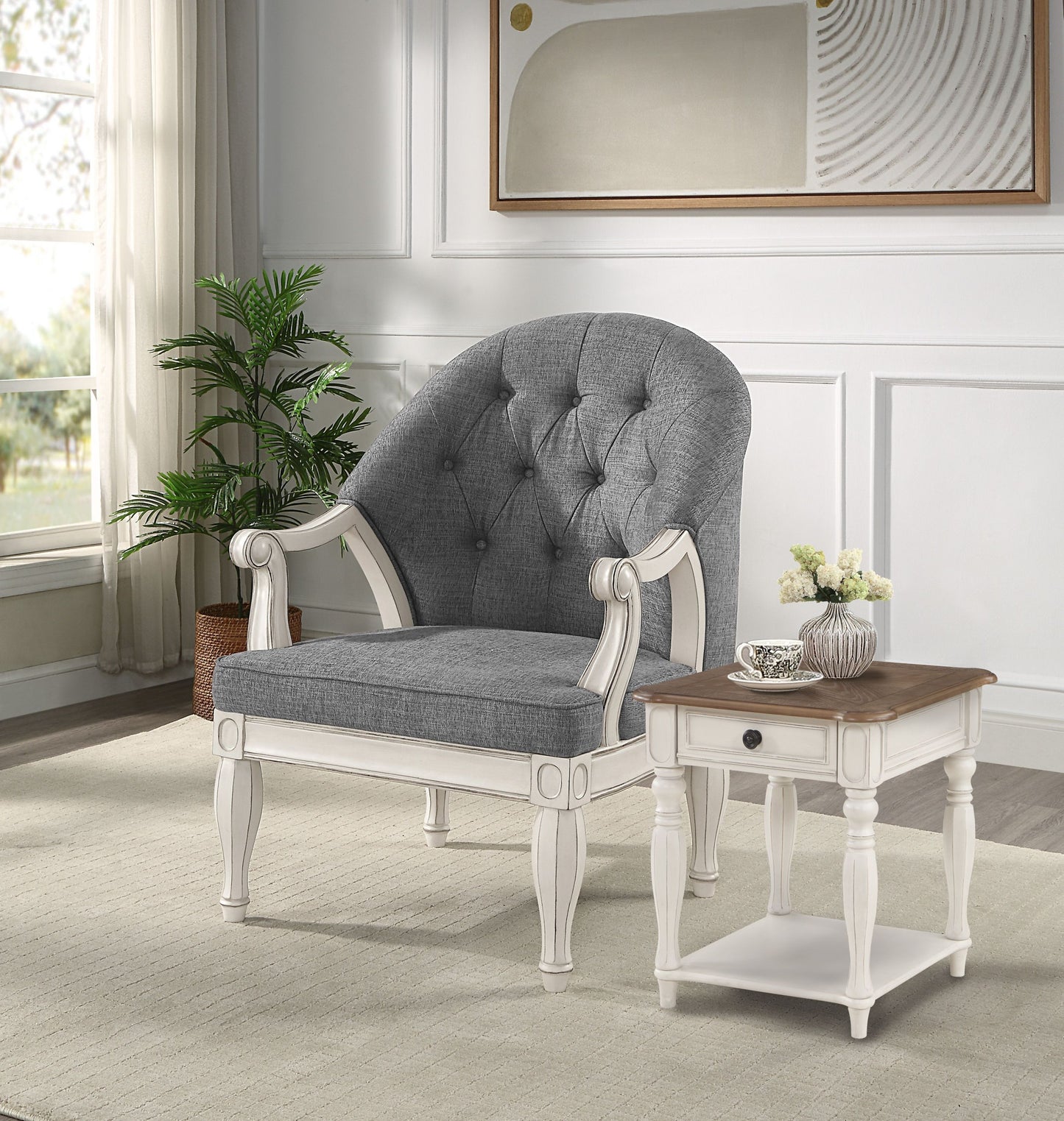 ACME Florian Chair, Gray Fabric & Antique White Finish LV02121