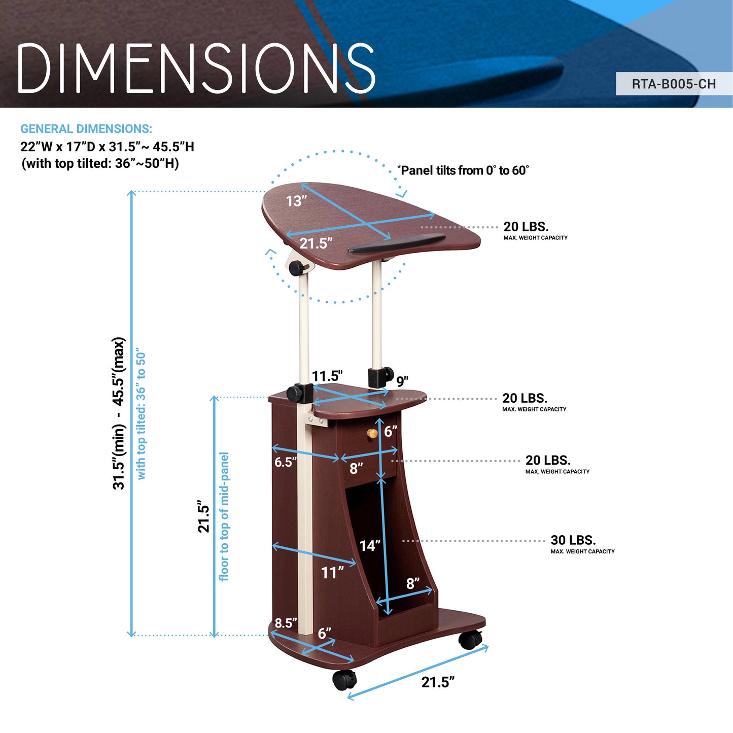 Techni Mobili Sit-to-Stand Rolling Adjustable Laptop Cart With Storage, Chocolate