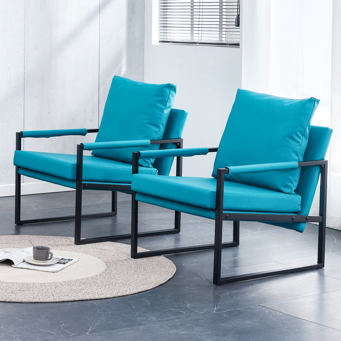 PU Leather Accent Arm Chair Mid Century Modern Upholstered Armchair with Metal Frame Extra-Thick Padded Backrest and Seat Cushion Sofa Chairs for Living Room ( Cyan PU Leather + Metal + Foam ) SF-008