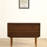 Modern Buffet Cabinet Sideboard with Walnut Finish, Solid Wood Legs - 43.3 Inch Stylish Design, One Door, Three Drawers, Smooth Metal Rails