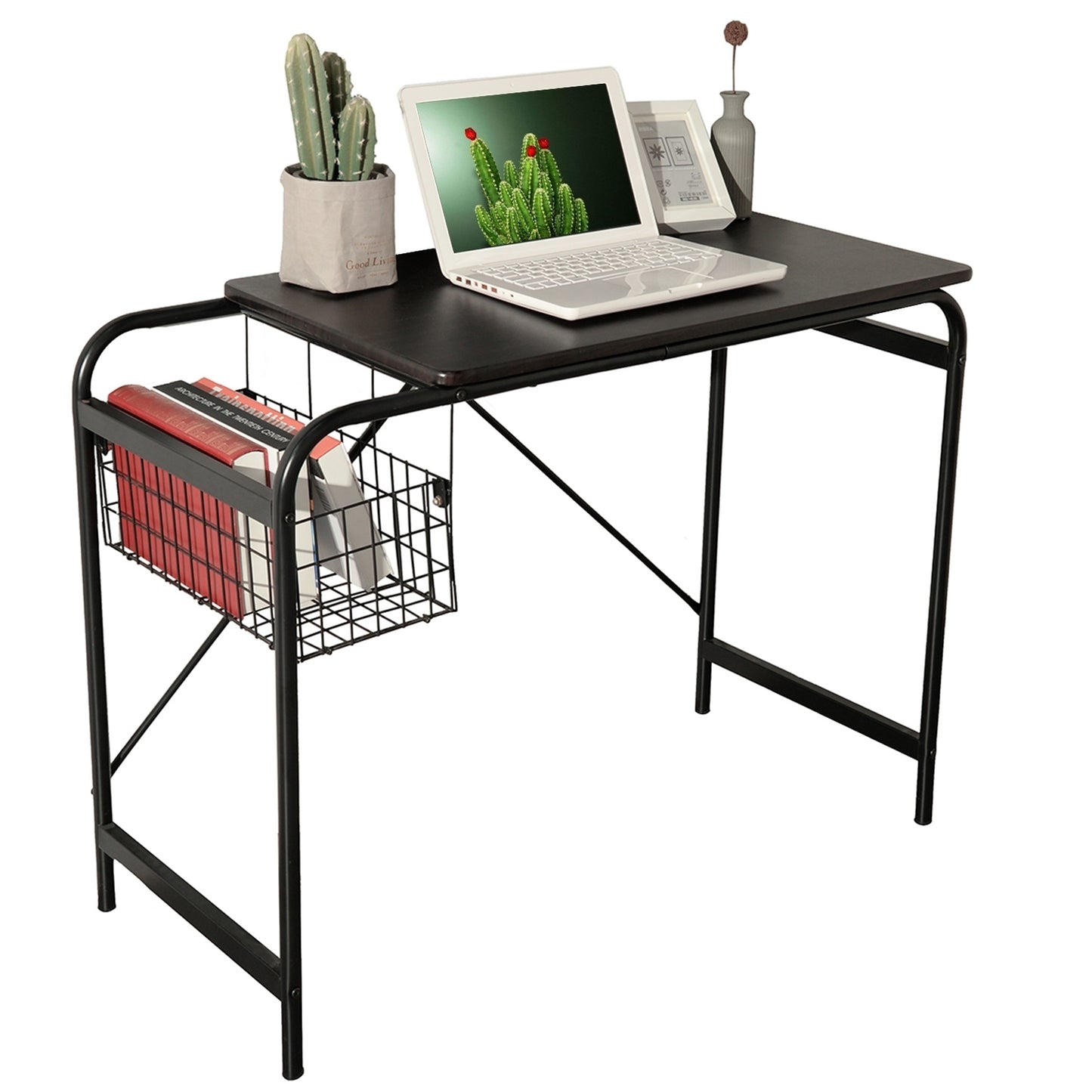 31.5" Computer Desk/ Home office desk With Wire Storage Basket - walnut & black