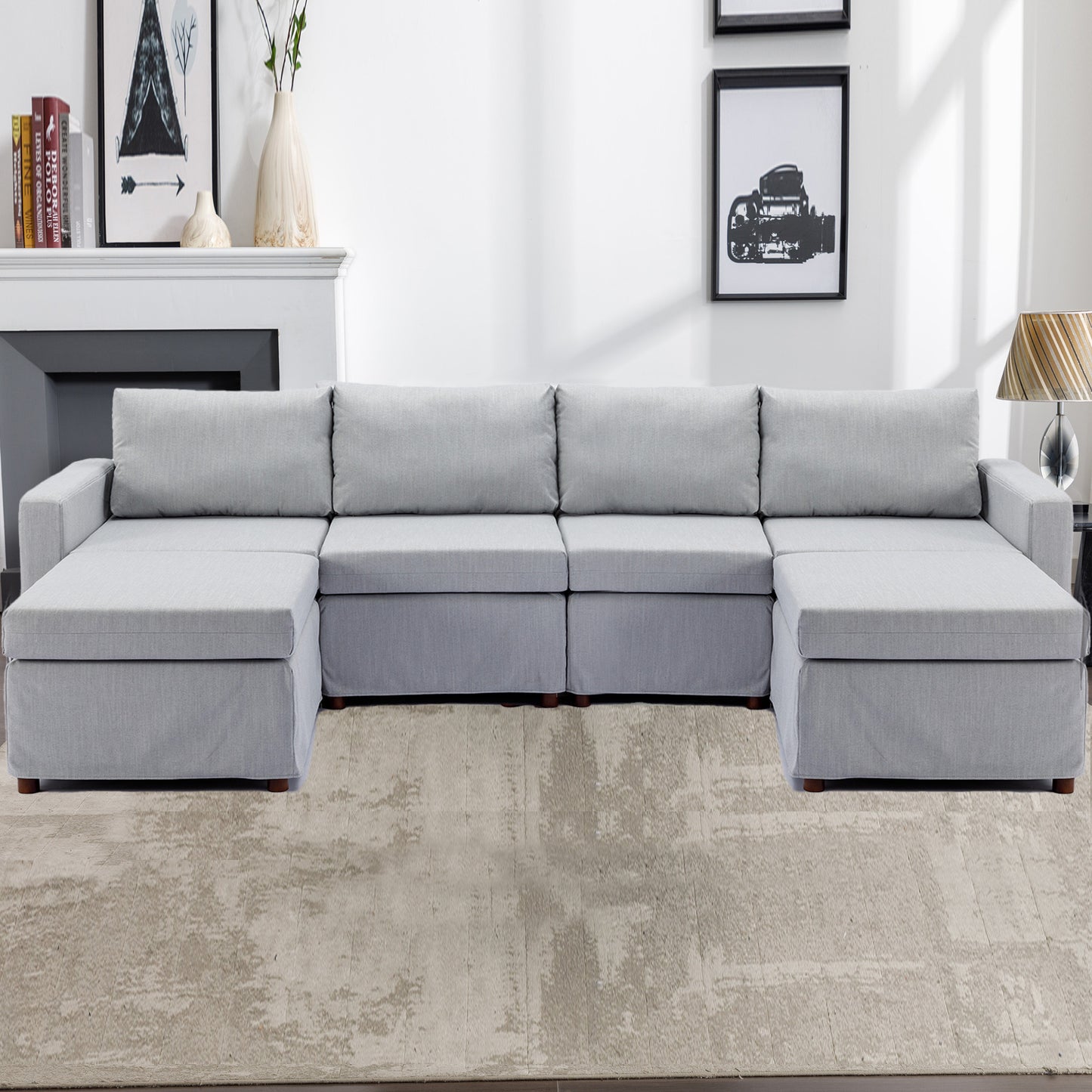 4 Seat Module Sectional Sofa Couch With 2 Ottoman,Seat Cushion and Back Cushion Removable and Washable,Light Grey