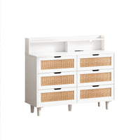 43.31"6-Drawers Rattan Storage Cabinet Rattan Drawer with LED Lights and Power Outlet,for Bedroom,Living Room,White