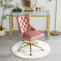 A&A Furniture Office Chair,Velvet Upholstered Tufted Button Home Office Chair with Golden Metal Base,Adjustable Desk Chair Swivel Office Chair (Pink)