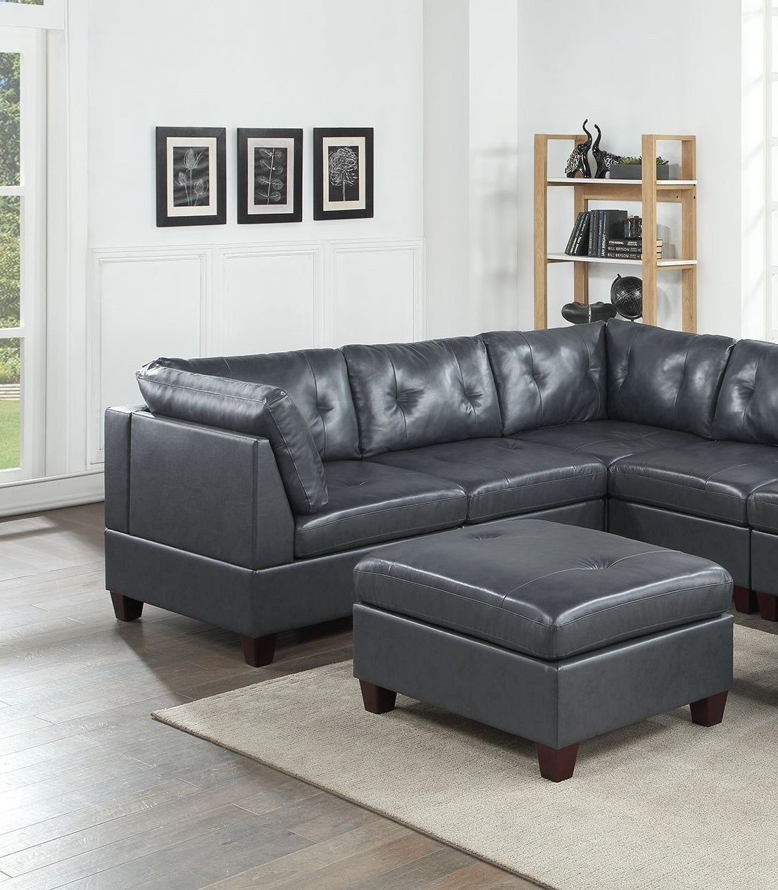 Contemporary Genuine Leather 1pc Ottoman Black Color Tufted Seat Living Room Furniture