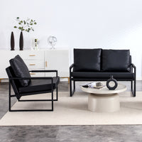 Sofa set. PU leather armchair metal frame cushion armchair, cushion backrest, living room sofa 1 double sofa+2 single sofa (black PU leather+metal frame+foam) SF-008 SF-D008