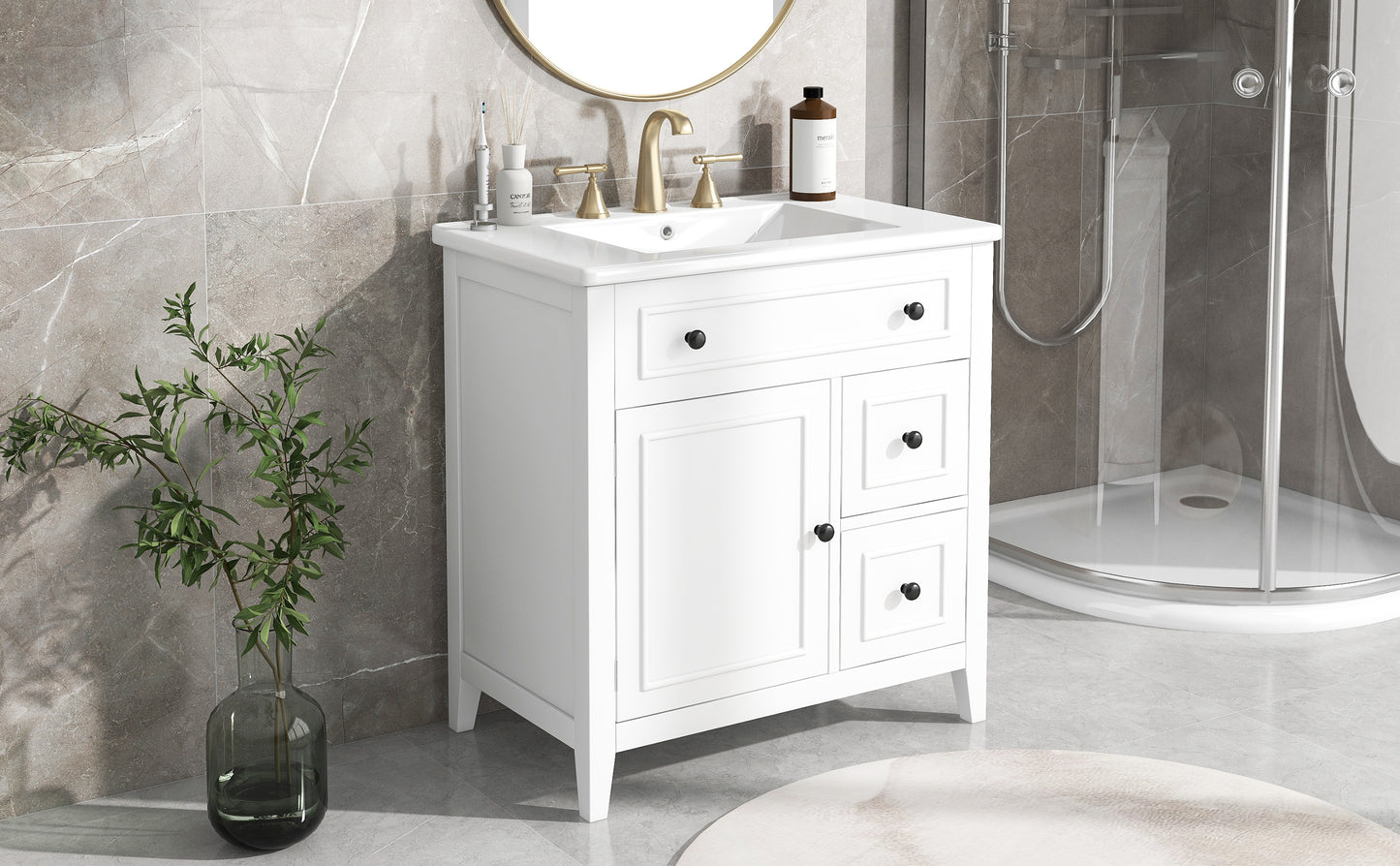 30" Bathroom Vanity with Sink Top, Bathroom Vanity Cabinet with Door and Two Drawers, Solid Wood Frame, One Package, White