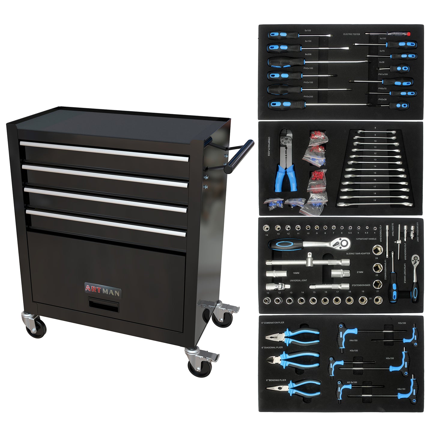 4 Drawers Tool Cabinet with Tool Sets-BLACK