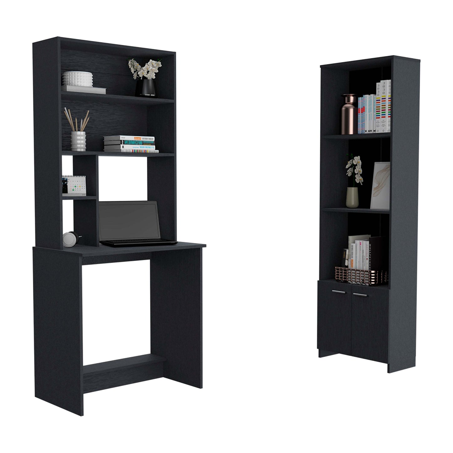 Dale 2 Piece Office Set, Patagonia Bookcase + Xalo Computer Hutch Desk, Black