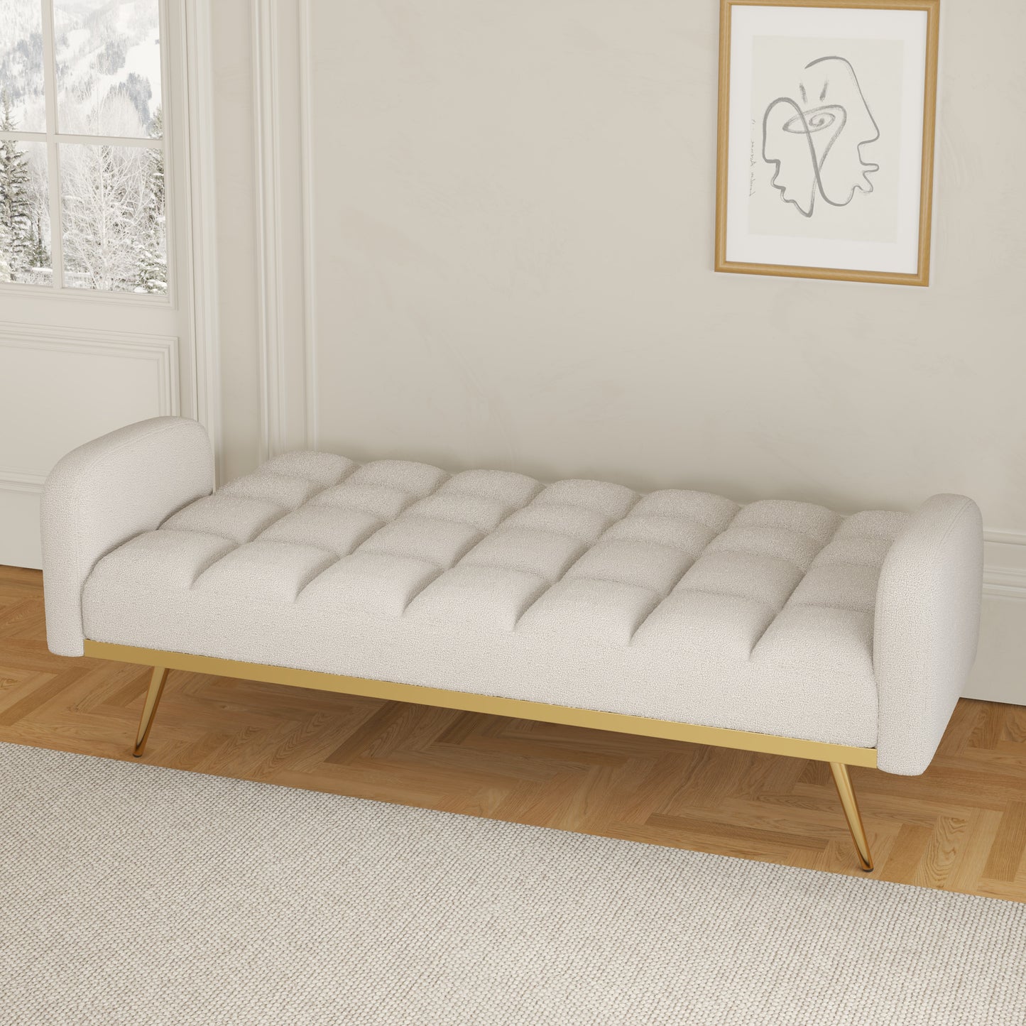 69-inch beige sofa bed with adjustable sofa teddy fleece 2 throw pillows