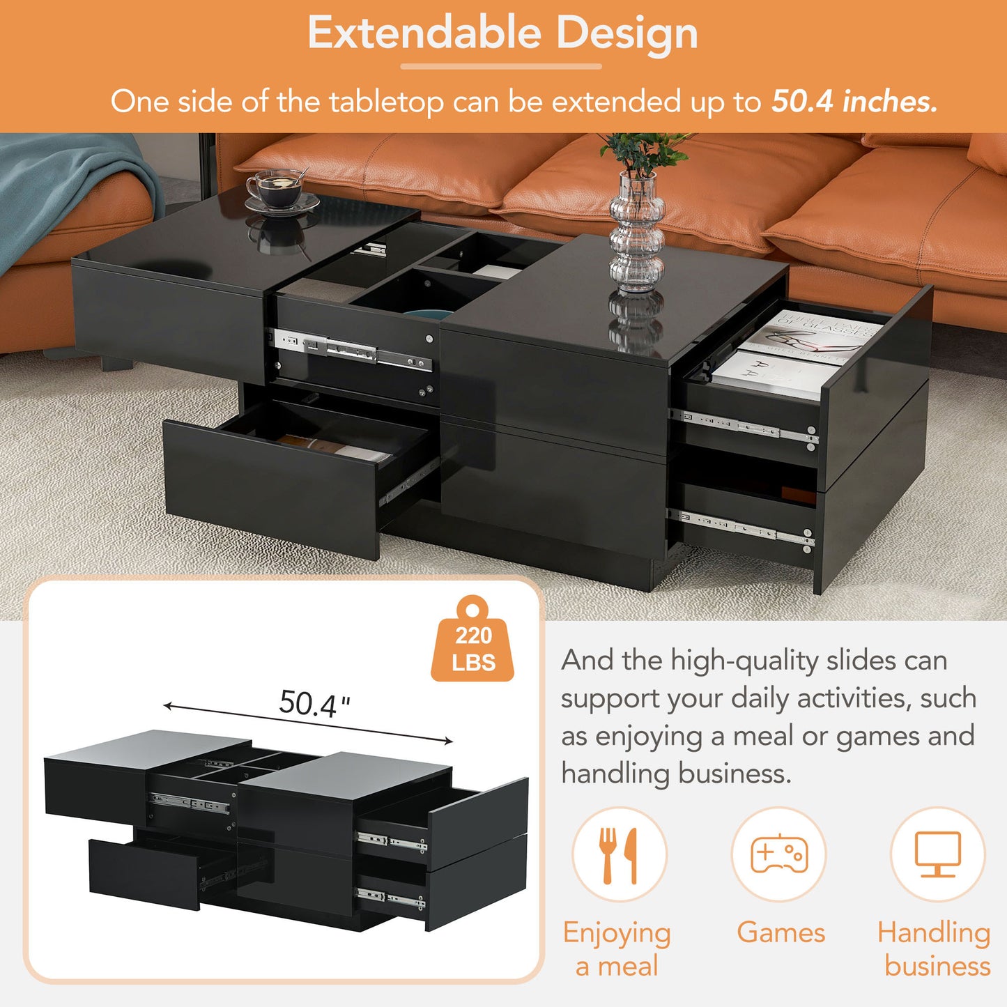 ON-TREND Extendable Coffee Table with 4 Drawers, Rectangle Cocktail Table with Hidden Storage Compartment, UV High-gloss Center Table with Sliding Top for Living Room, 35.4"x 23.6", Black