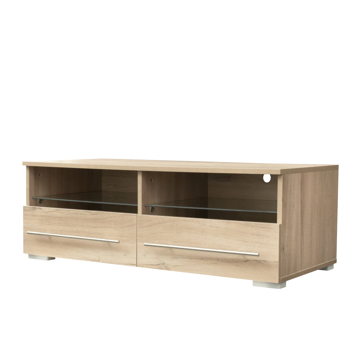 The  TV cabinet has two drawers with color-changing light strips, Rustic Oak