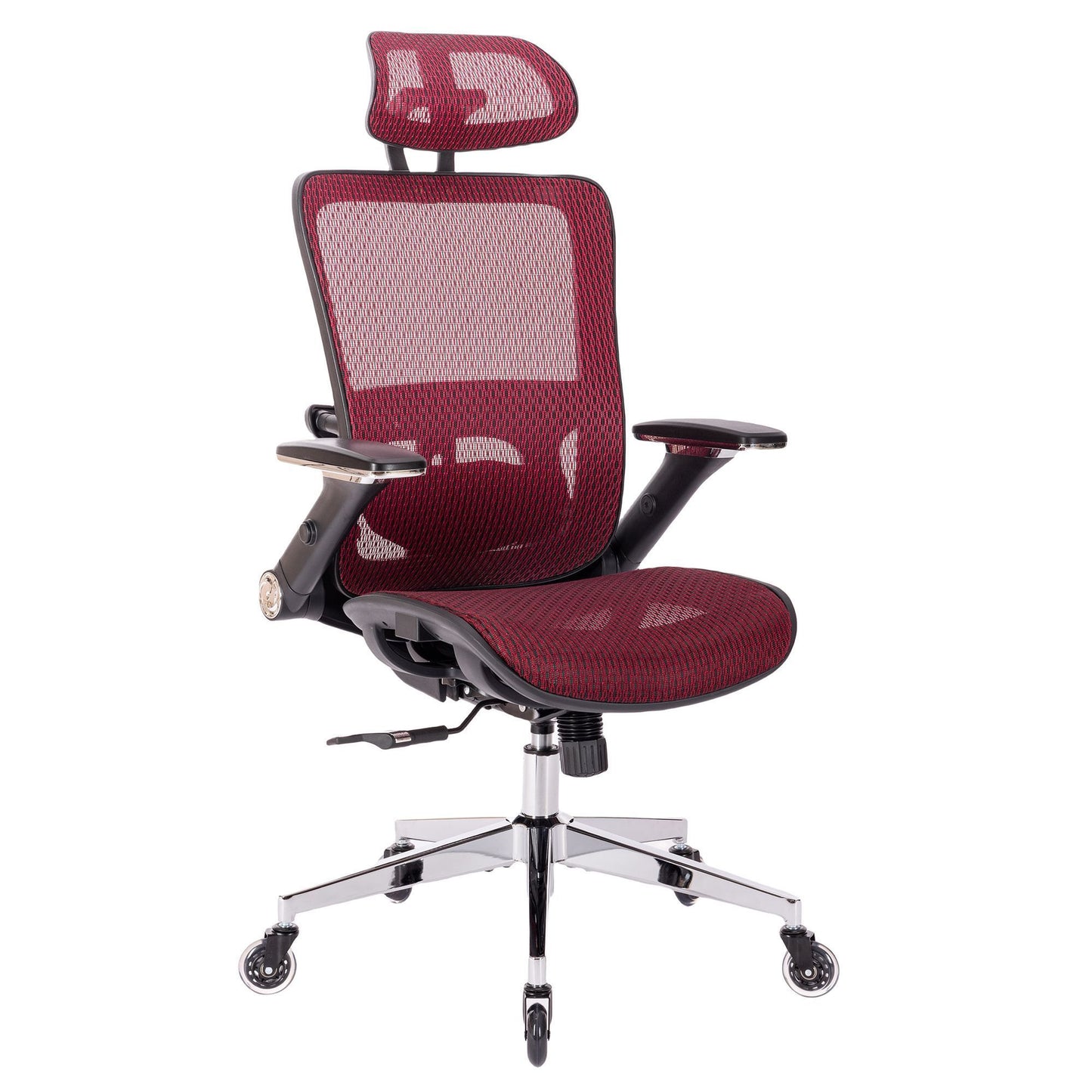 RED Ergonomic Mesh Office Chair, High Back - Adjustable Headrest with Flip-Up Arms, Tilt and lock Function, Lumbar Support and blade Wheels, KD chrome metal legs