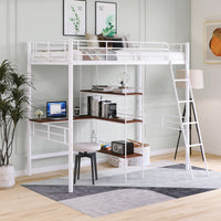 Twin Size Metal Loft Bed and Built-in Desk and Shelves,White(OLD SKU:WF280270AAK)