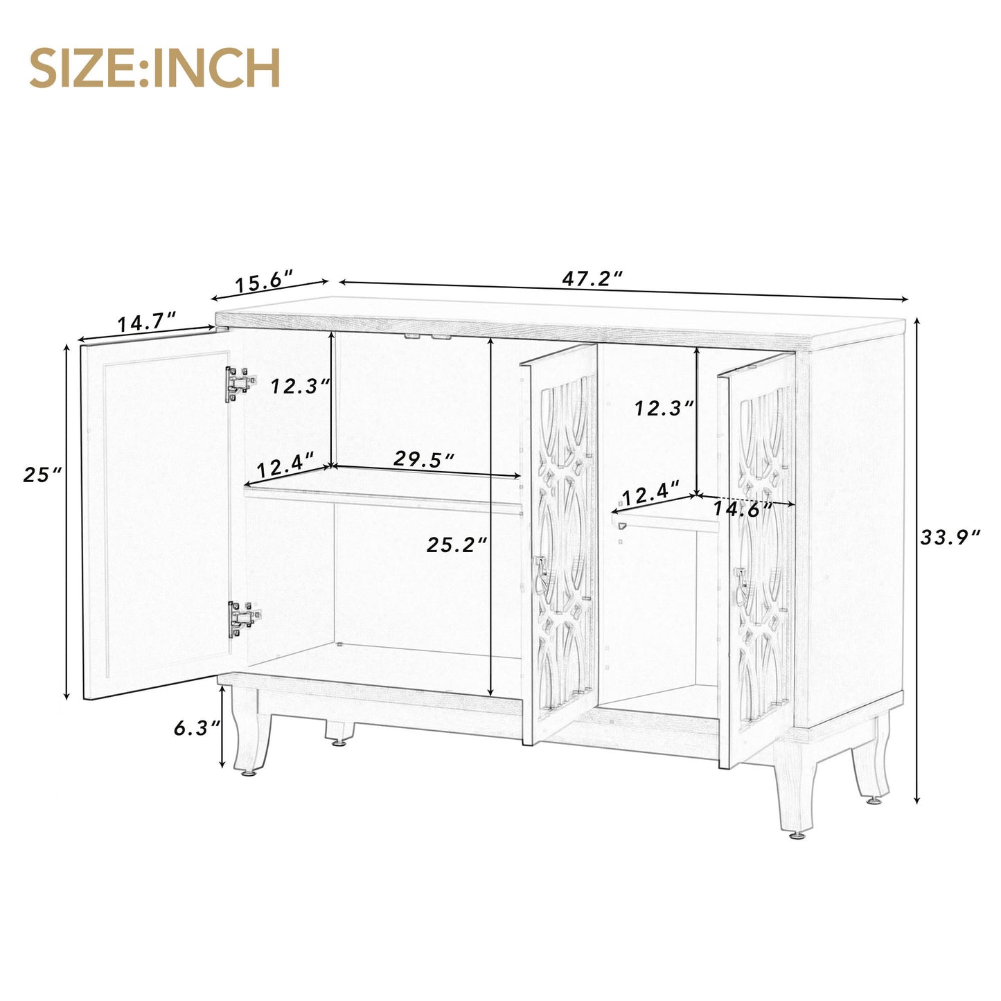 TREXM Sideboard with Glass Doors, 3 Door Mirrored Buffet Cabinet with Silver Handle for Living Room, Hallway, Dining Room (Natural Wood Wash)