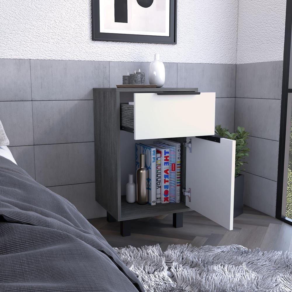 Nightstand in Smokey Oak/White with 1 Drawer and 1 Storage Cabinet for Bedroom