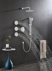 Shower System with Shower Head, Hand Shower, Slide Bar, Bodysprays, Shower Arm, Hose, Valve Trim, and Lever Handles