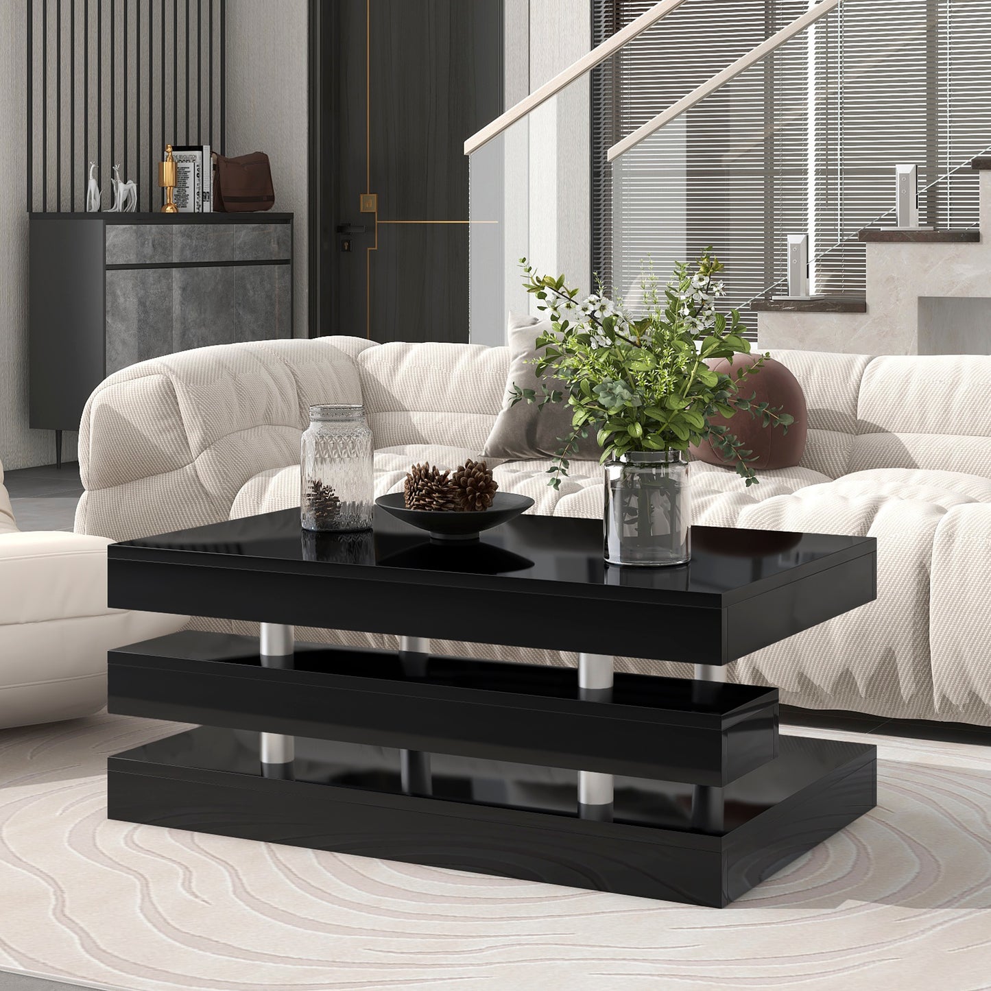 ON-TREND Modern 2-Tier Coffee Table with Silver Metal Legs, Rectangle Cocktail Table with High-gloss UV Surface, Minimalist Design Center Table for Living Room, Black