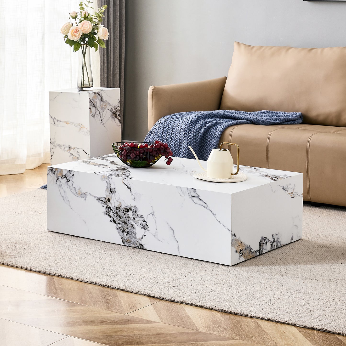 A stylish and durable design paired with a modern 3 piece coffee table set with marble patterns.