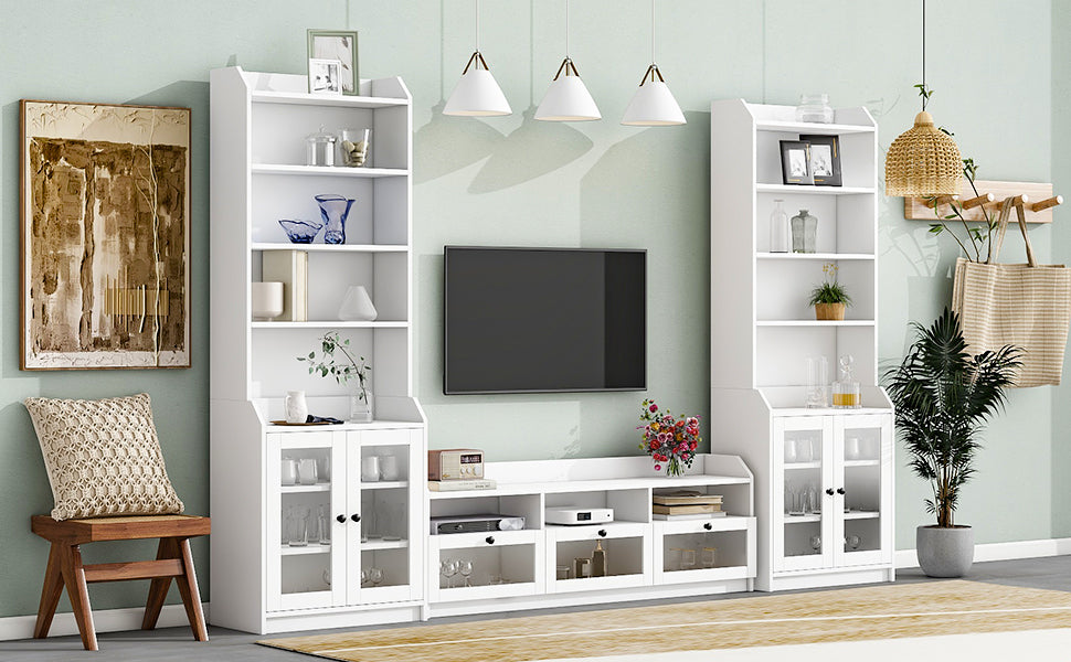 ON-TREND Chic Elegant Entertainment Wall Unit with Tall Cabinets, Modern TV Console Table for TVs Up to 65", Multifunctional TV Stand Set with Acrylic Board Door, White