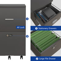 File cabinet with two drawers with lock,Hanging File Folders A4 or Letter Size, Small Rolling File Cabinet Printer Stand office storage cabinet Office pulley movable file cabinet Dark Gray