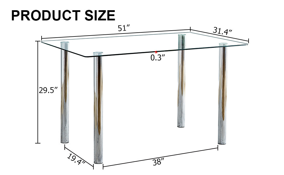 Modern minimalist glass dining table. A transparent tempered glass desktop with a thickness of 0.3 feet and silver metal legs. Suitable for restaurants and living rooms.   51"*31.4"*29.5"