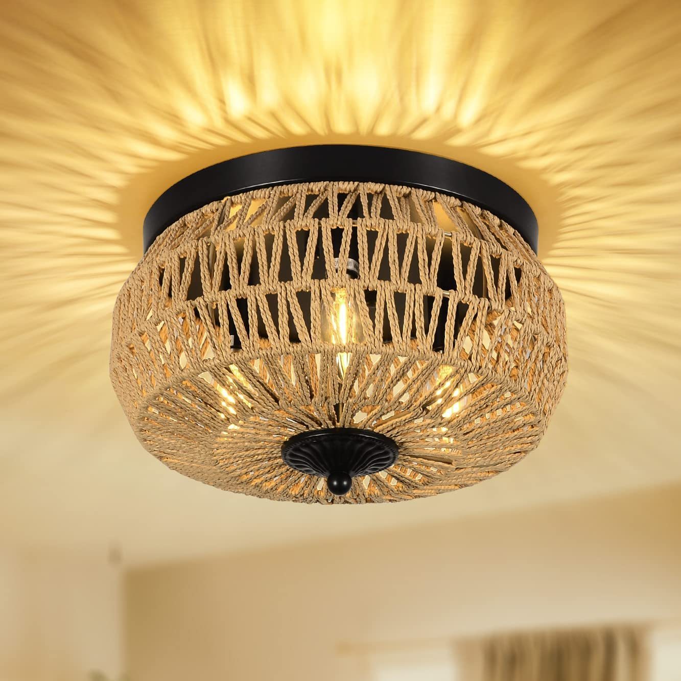 3-Lights Rattan Flush Mount  Light