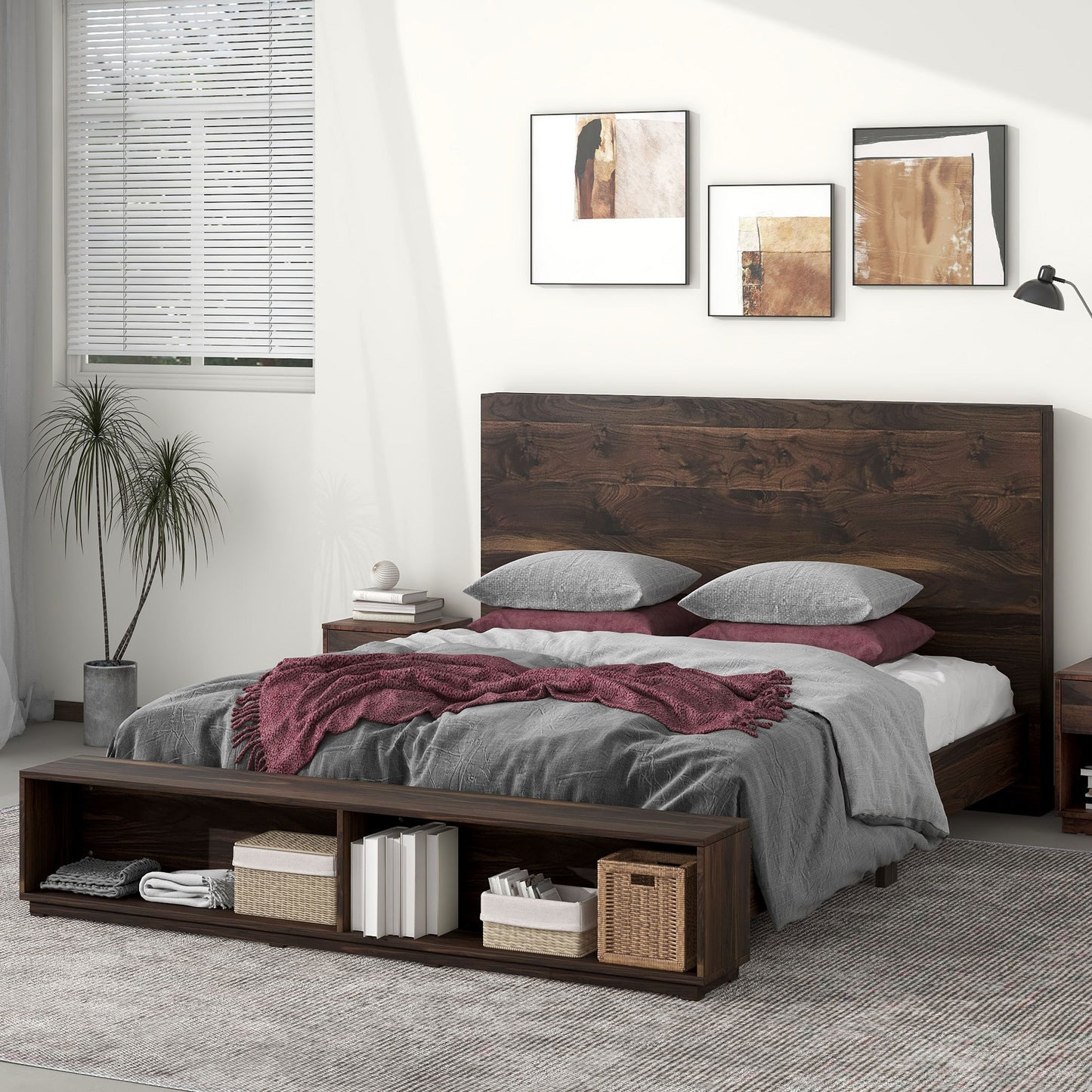 King Size Wood Platform Bed with Storage Bench in Walnut