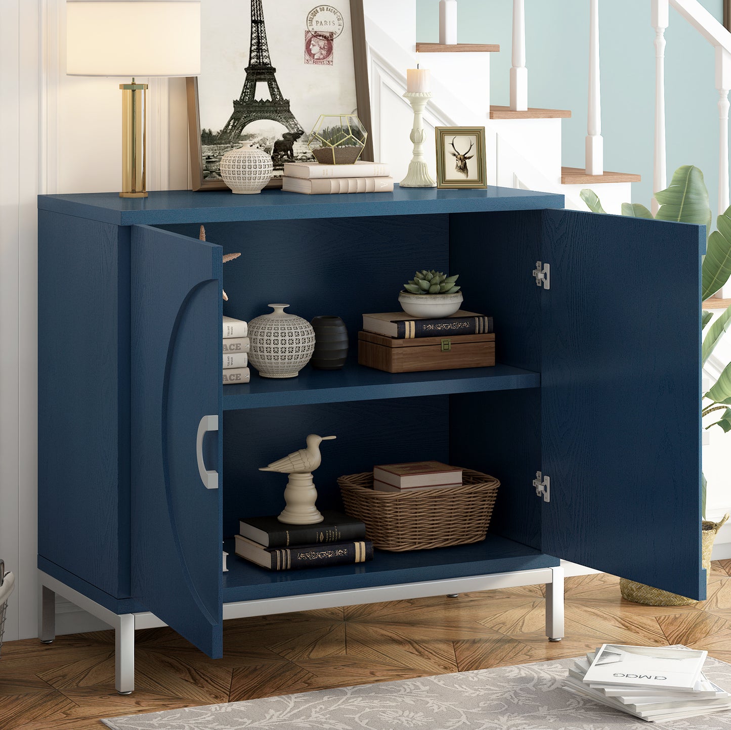 TREXM Simple Storage Cabinet Accent Cabinet with Solid Wood Veneer and Metal Leg Frame for Living Room, Entryway, Dining Room (Navy)