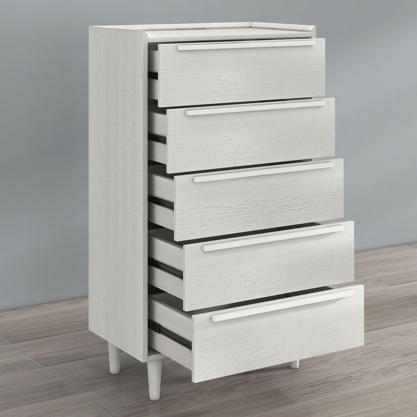 Modern Style Wood Grain 5-Drawer Chest with Solid Wood Legs, White