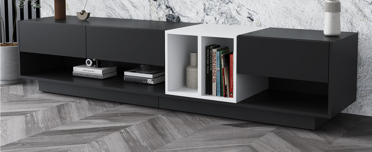 ON-TREND Sleek and Stylish TV Stand with Perfect Storage Solution, Two-tone Media Console for TVs Up to 80'', Functional TV Cabinet with Versatile Compartment for Living Room, Black