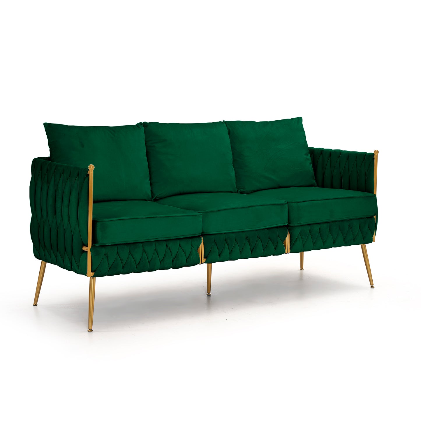 3 Piece Modern Velvet Upholstered Living Room Set with 3-Seater Sofa and 2 Loveseats, Handmade Woven Tufted Back and Arms, Golden Metal Legs, Green Velvet