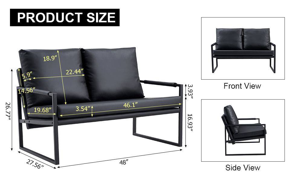 Sofa set. PU leather armchair metal frame cushion armchair, cushion backrest, living room sofa 1 double sofa+2 single sofa (black PU leather+metal frame+foam) SF-008 SF-D008