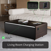 Modern Smart Coffee Table with Built-in Fridge, Bluetooth Speaker, Wireless Charging Module, Touch Control Panel, Power Socket, USB Interface, Outlet Protection, Atmosphere light, and More