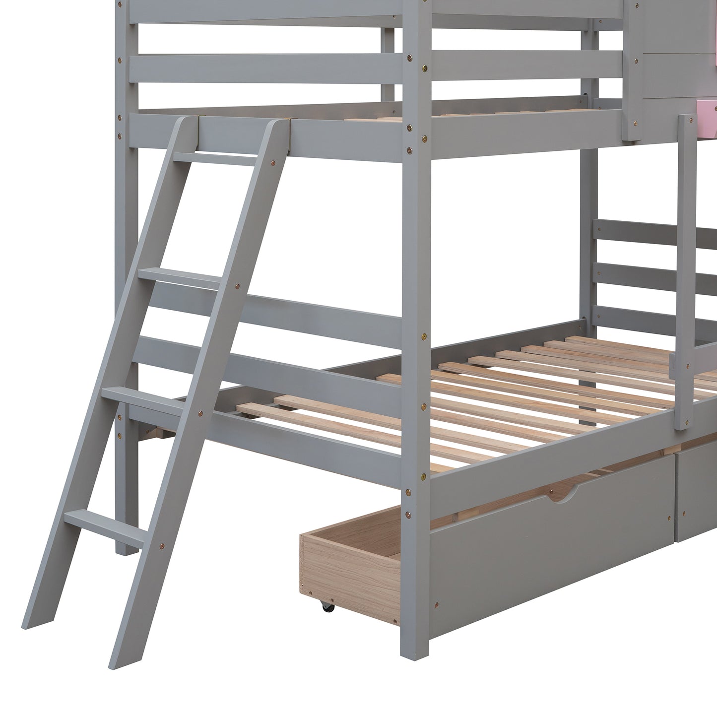 Twin over Twin Bunk Bed with 2 Drawers, 1 Storage Box, 1 Shelf, Window and Roof-Gray(OLD SKU:LT000608AAE)