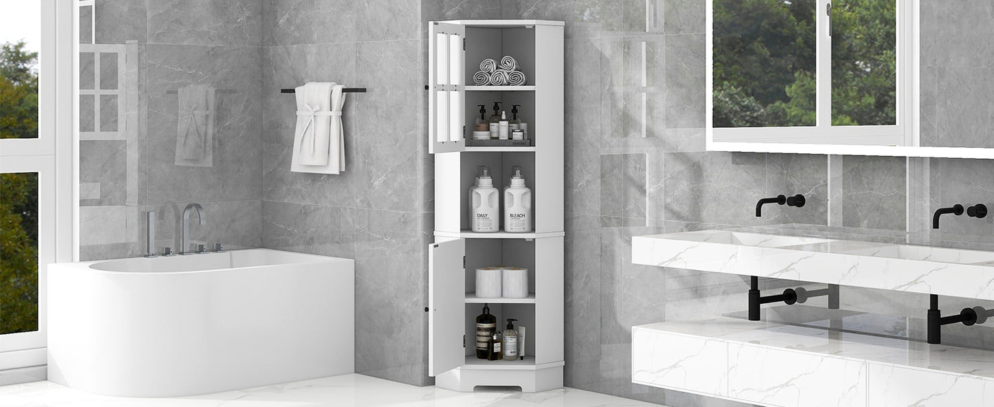 Tall Bathroom Storage Cabinet, Corner Cabinet with Glass Door, Open Storage, Adjustable Shelf, White