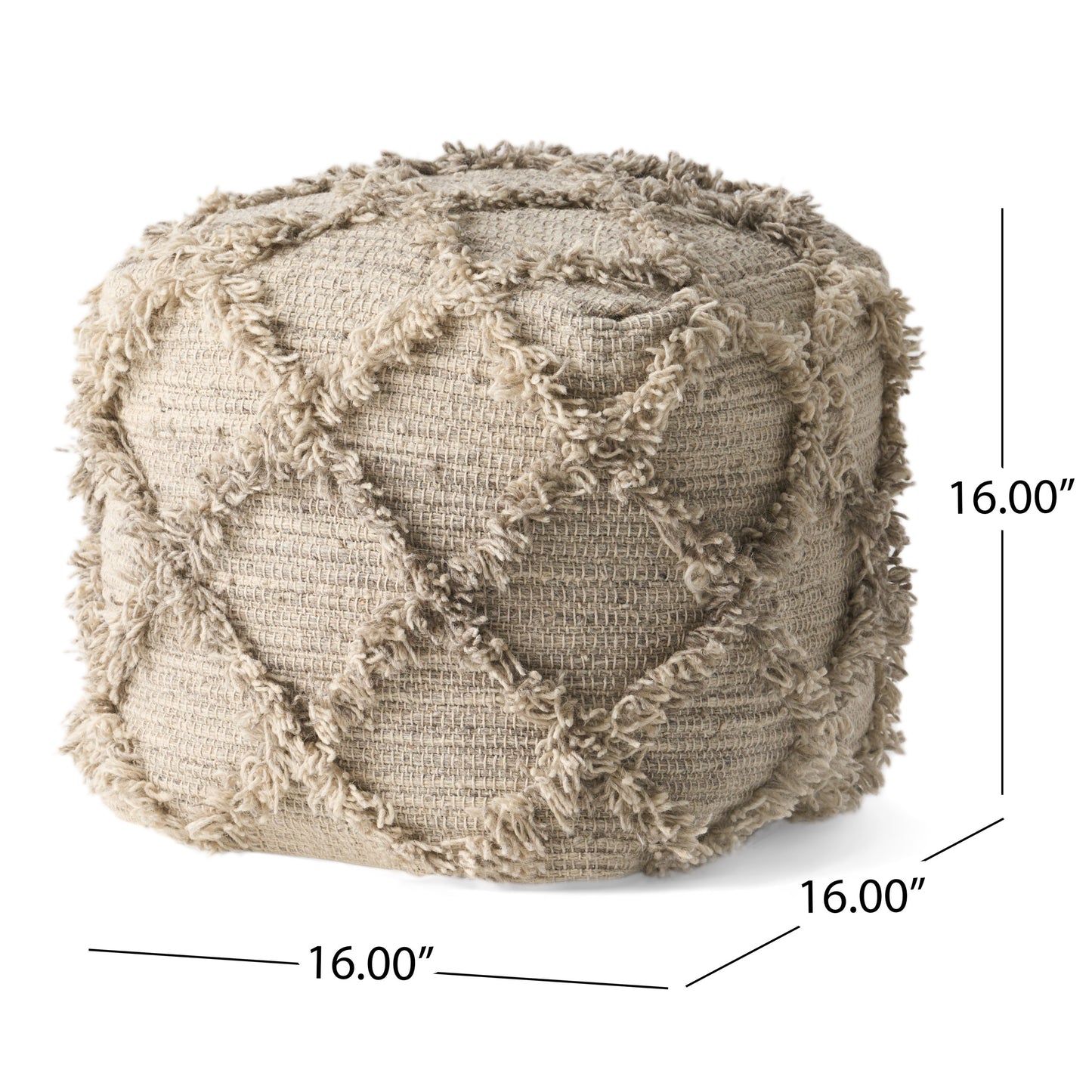 Jucar Handcrafted Boho Wool and Cotton Pouf, Gray