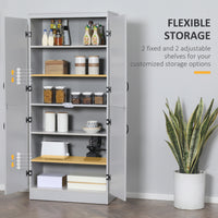 HOMCOM 70" Kitchen Pantry, Tall Freestanding Storage Cabinet, 6-tier Shelving with 2 Adjustable Shelves and 4 Doors for Dining Room, Gray