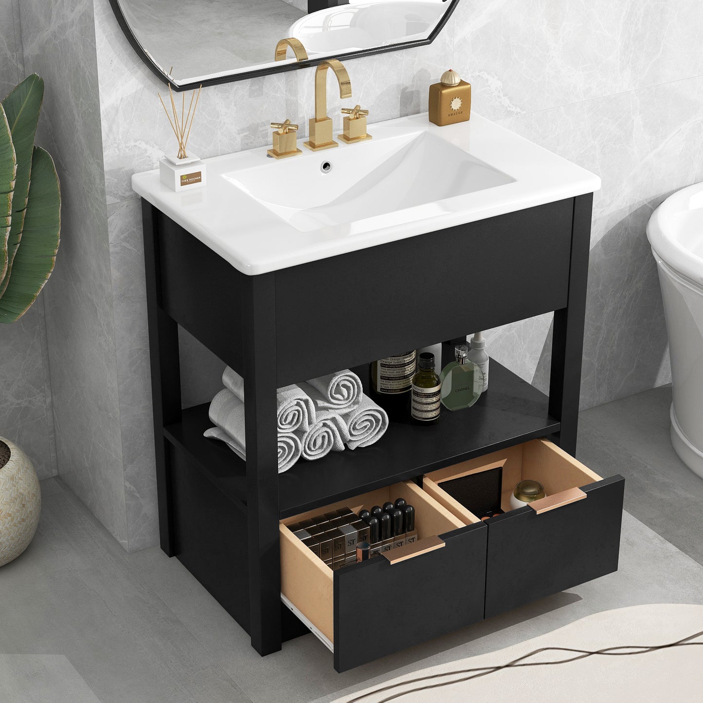 30" Bathroom Vanity with Sink Top, Bathroom Cabinet with Open Storage Shelf and Two Drawers, One Package, Black