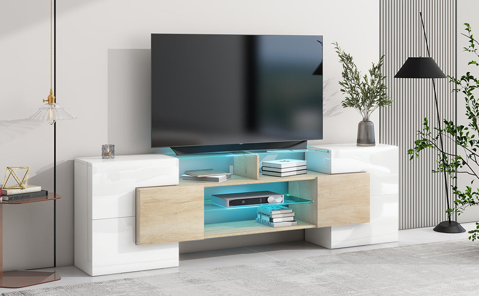 ON-TREND Unique Shape TV Stand with 2 Illuminated Glass Shelves, High Gloss Entertainment Center for TVs Up to 80", Versatile TV Cabinet with LED Color Changing Lights for Living Room, Wood