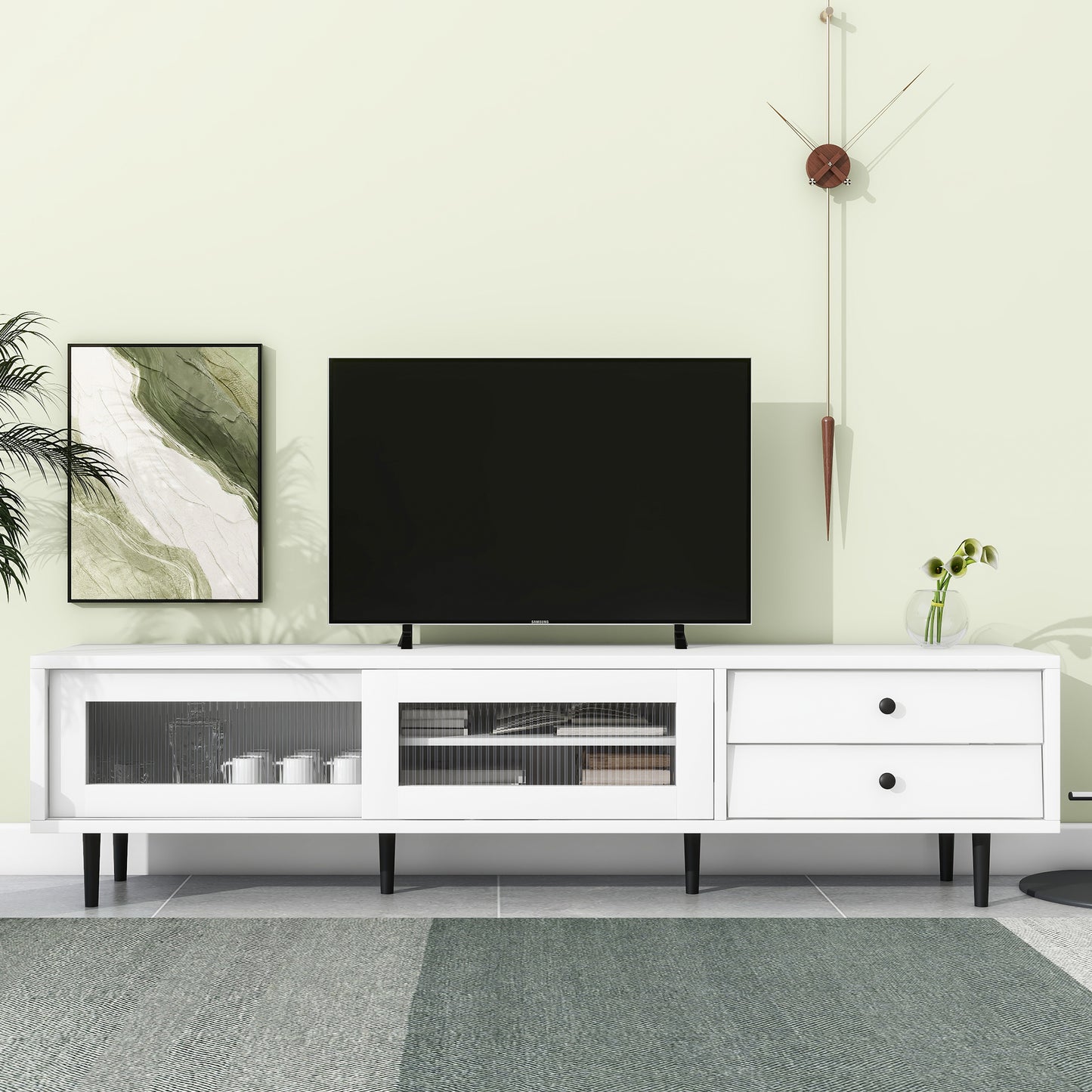 ON-TREND Chic Elegant Design TV Stand with Sliding Fluted Glass Doors, Slanted Drawers Media Console for TVs Up to 75", Modern TV Cabinet with Ample Storage Space, White