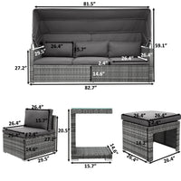 TOPMAX 5 Pieces Outdoor Sectional Patio Rattan Sofa Set Rattan Daybed , PE Wicker Conversation Furniture Set w/ Canopy and Tempered Glass Side Table, Gray