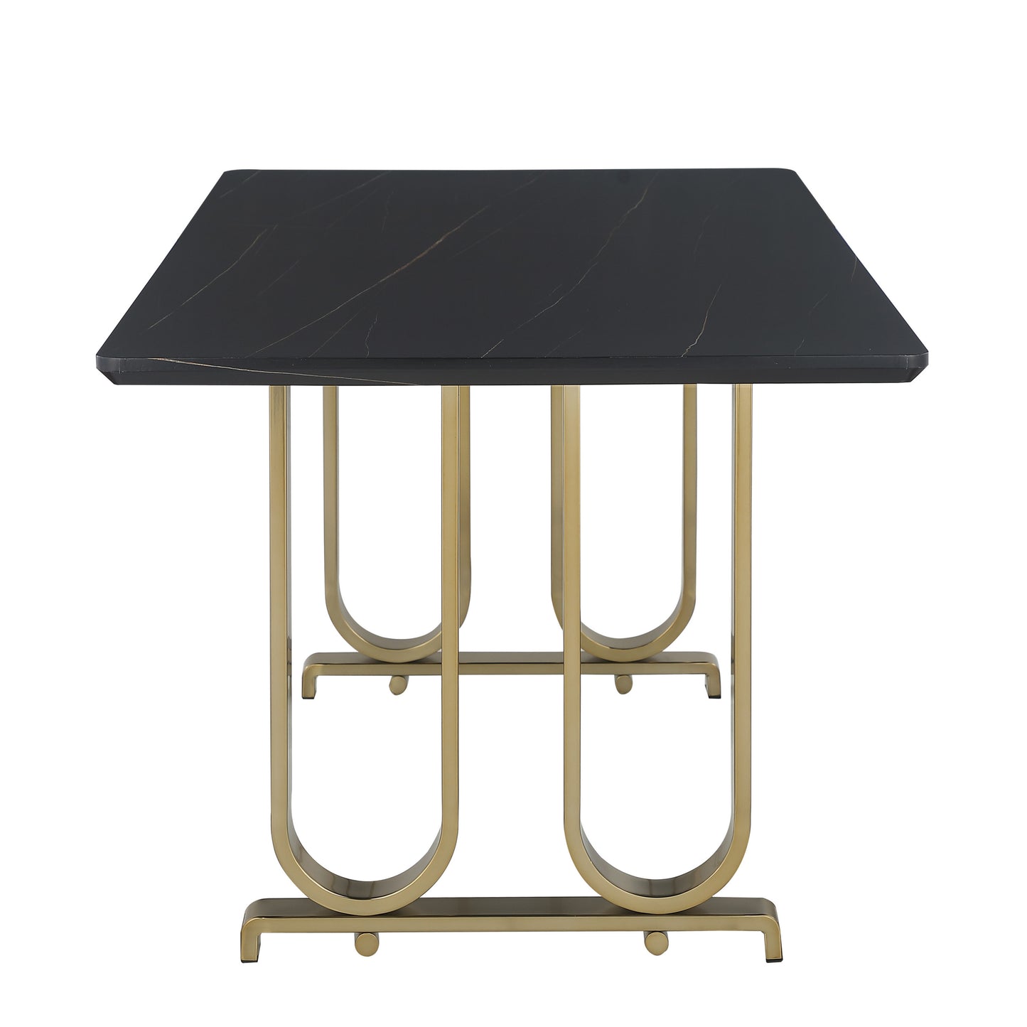 Contemporary Dining Table with Lauren Gold Black Top, Brushed Brass Metal Base, 71" W x 35" D x 30" H, Black+Brushed Brass